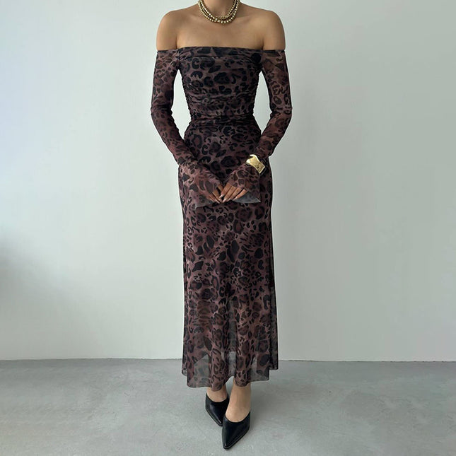 Leopardenmuster Geblümt Carmen-Kleid mit Glockenärmeln Damenmode
