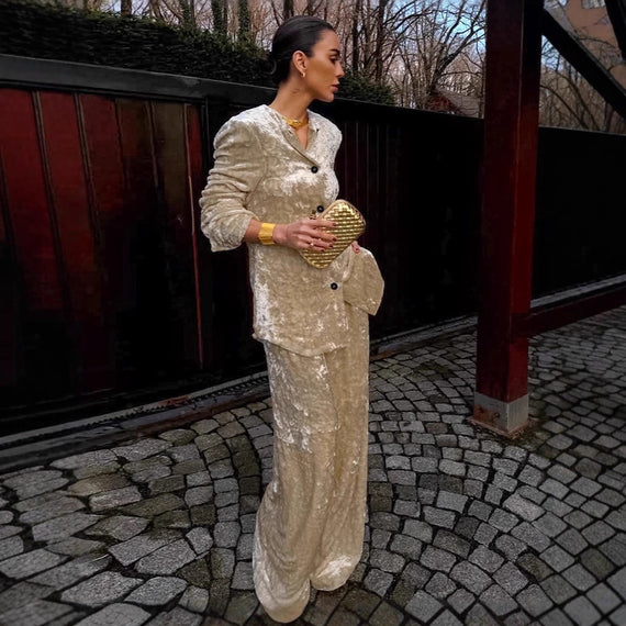 Women's Elegant Fashion Khaki Velvet Coat Two-piece Set