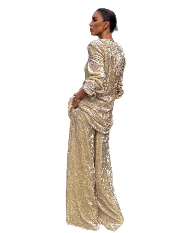 Elegant mode khaki sammet kappa tvådelat set för dam
