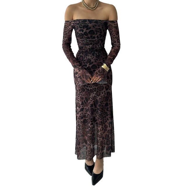 Leopardenmuster Geblümt Carmen-Kleid mit Glockenärmeln Damenmode