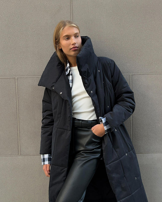 Mode Großer Revers-Langmantel Winter Warme Baumwolljacke mit Taschen und Schnürdesign Lässiger einfarbiger dicker Mantel für Damen Oberbekleidung