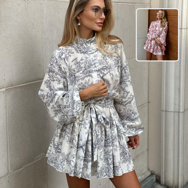Modisches A-Linien-Kleid mit Puffärmeln und Tintendruck