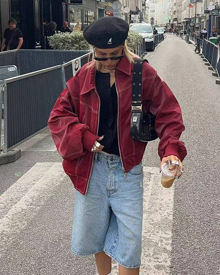 Schicke Biker-Reißverschlussjacke für Damen – Stilvolles Reversdesign & Lange Ärmel