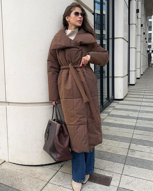 Mode Großer Revers-Langmantel Winter Warme Baumwolljacke mit Taschen und Schnürdesign Lässiger einfarbiger dicker Mantel für Damen Oberbekleidung