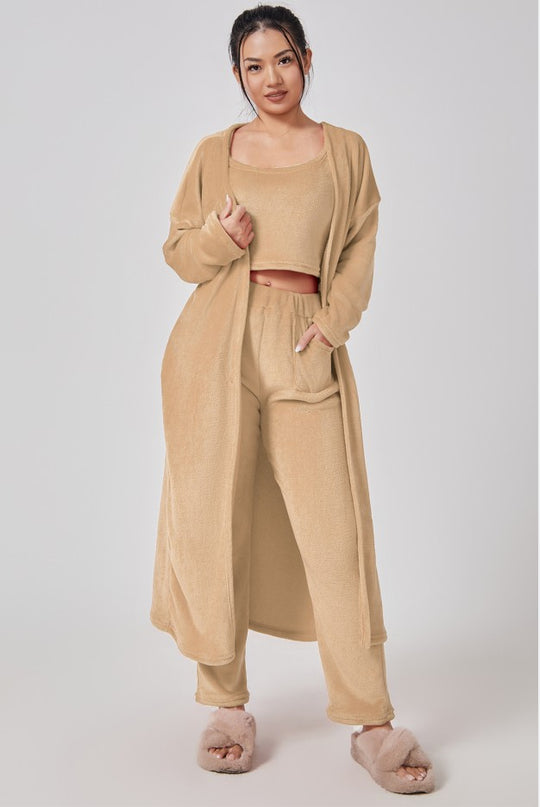 Mysigt pyjamas-set, loungewear-set i 3 delar, gulliga myskläder, varma kostymset, matchande set, lounge-set, byxset i 3 delar, vinterklänning för kvinnor