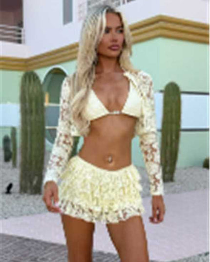 New Lace Mesh Coat Chest Cup Skirt Fashion Casual Three-piece Suit Women