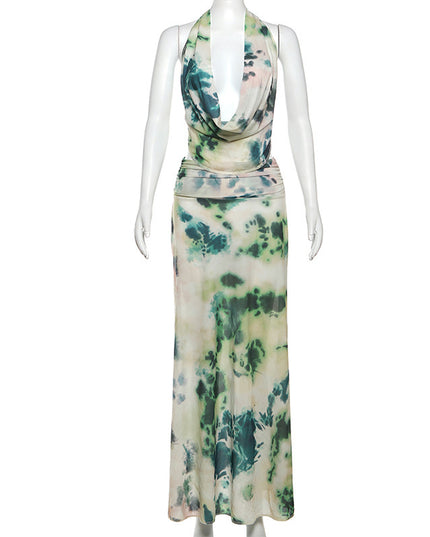 2pcs Tie Dye Printing Deep V-neck Suits Fashion Halter Backless Long Dresses For Beach Party Womens Clothing