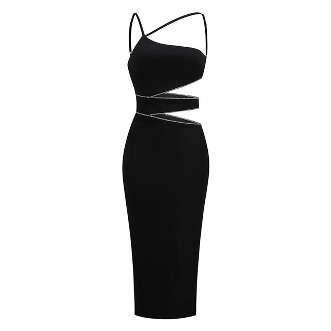 Damen Schwarzes Wickelkleid mit Strass-Einlage
