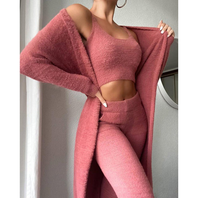 Mysigt pyjamas-set, loungewear-set i 3 delar, gulliga myskläder, varma kostymset, matchande set, lounge-set, byxset i 3 delar, vinterklänning för kvinnor