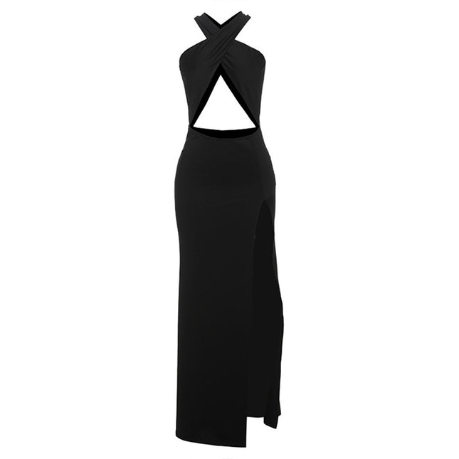 Einfarbiges, sexy, rückenfreies Neckholder-Kleid mit Cut-outs und Schlitz