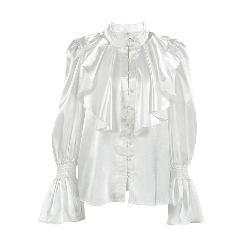 Ruffled Small Stand Collar Single-breasted Shirt