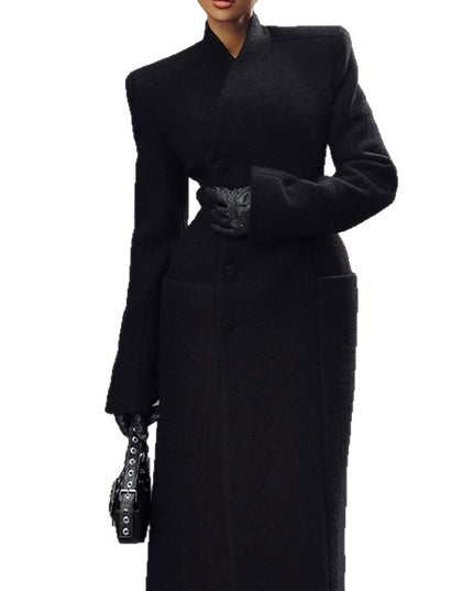 Temperament Shoulder-padded Waist-cinching Long Wool Coat For Women