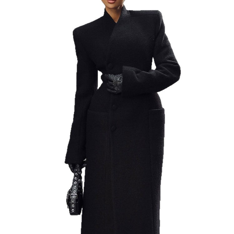 Temperament Shoulder-padded Waist-cinching Long Wool Coat For Women