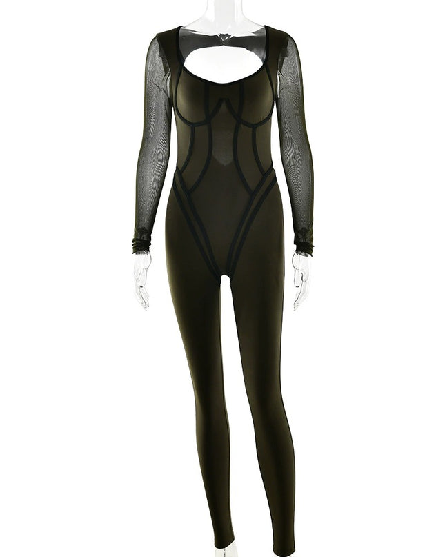 Dam helfärgad, högelastisk, åtsittande långärmad sportjumpsuit