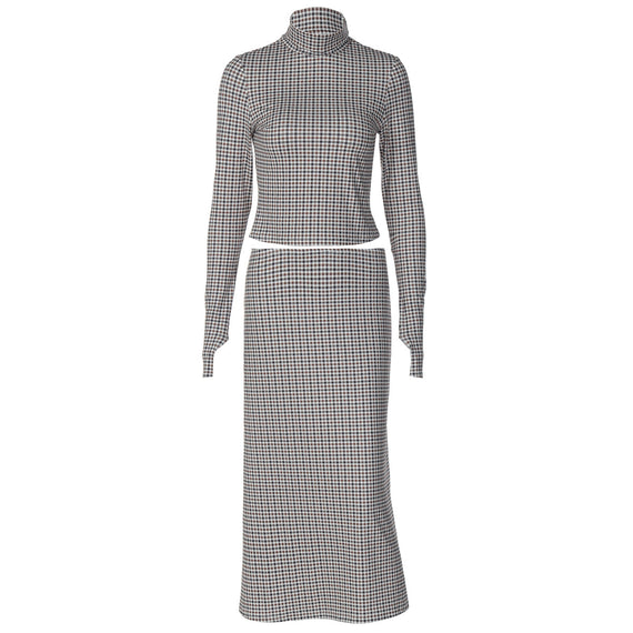 Fashion Plaid Print Long-sleeve Stand Collar Top Slim Fit Versatile Long Skirt Set