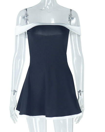 Kvinnors svartvita lapptäcks-sommarklänning Y2K Trend Slash Neck Rygglös Sweet Girl Chic rynkad mini-bodycon streetwear
