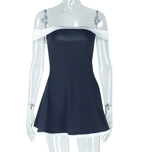 Damen Schwarz-Weiß Patchwork Sommerkleid Y2K Trend Carmen-Ausschnitt Rückenfrei Süßes Mädchen Chic Gerafftes Mini Bodycon Streetwear