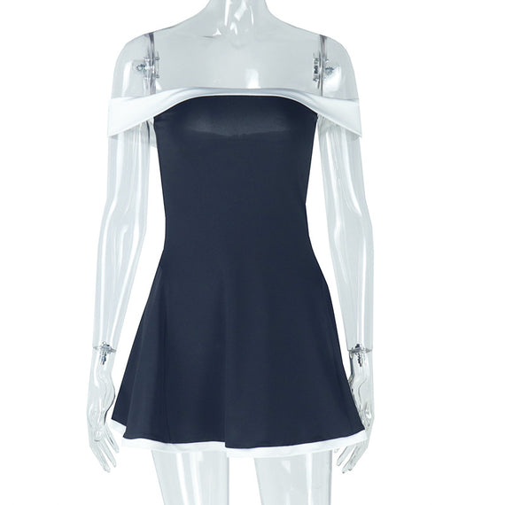 Women's Black And White Patchwork Summer Dress Y2K Trend Slash Neck Backless Sweet Girl Chic Ruched Mini Bodycon Streetwear