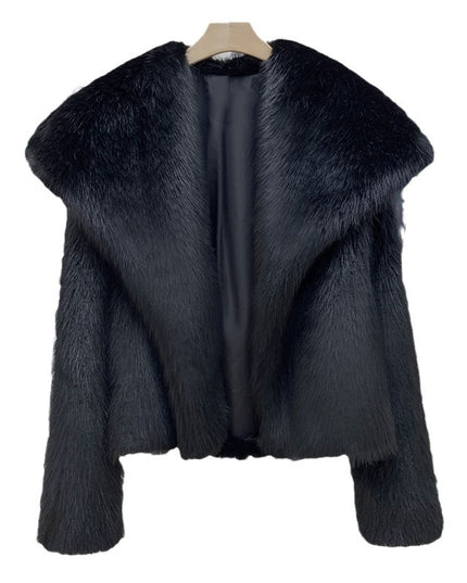 Damen warmer Mantel mit großem Kragen aus Kunstfell