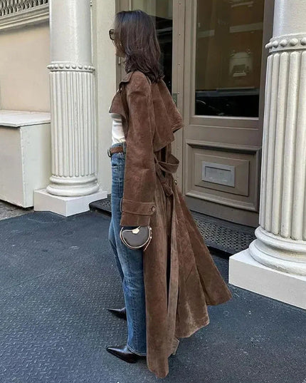 Double Breasted Lapel Shift Coat With Belt Fashion Vintage Suede Long Coat Winter Outwear Women's Clothing