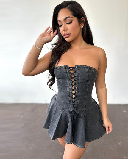 Damen-Jeanskleid mit Reißverschluss, Schnürung und Brustwickel-Design