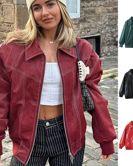 Schicke Biker-Reißverschlussjacke für Damen – Stilvolles Reversdesign & Lange Ärmel