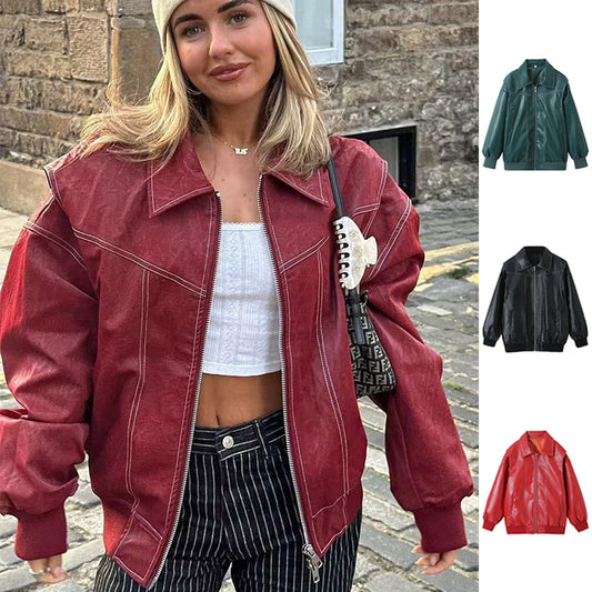 Chic Biker Zip-Up Jacket for Women - Stylish Lapel Design & Long Sleeves