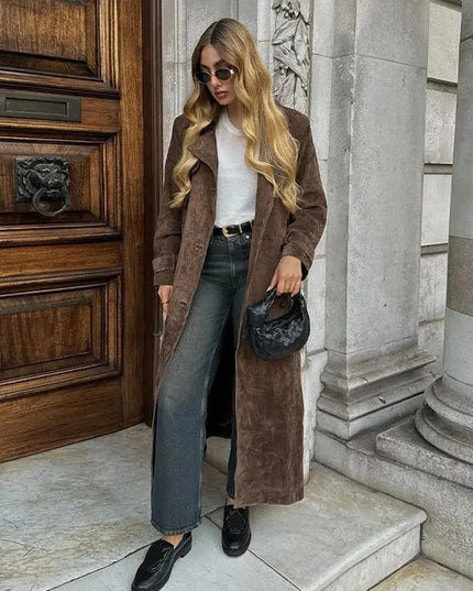 Double Breasted Lapel Shift Coat With Belt Fashion Vintage Suede Long Coat Winter Outwear Women's Clothing