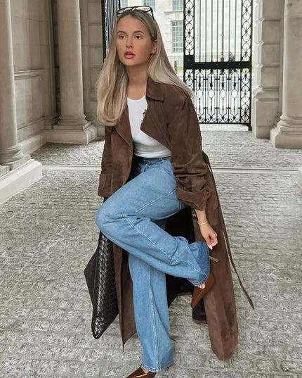 Double Breasted Lapel Shift Coat With Belt Fashion Vintage Suede Long Coat Winter Outwear Women's Clothing