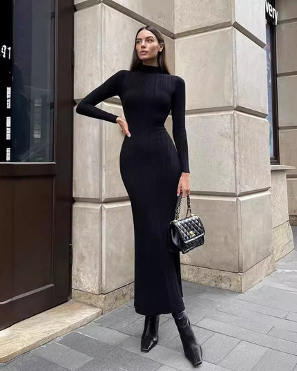 Elegant Knitted Turtleneck Striped Sweater Dress