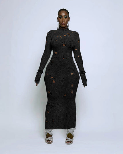 Hollow Knitted Cinched Dress - Black, High Waist
