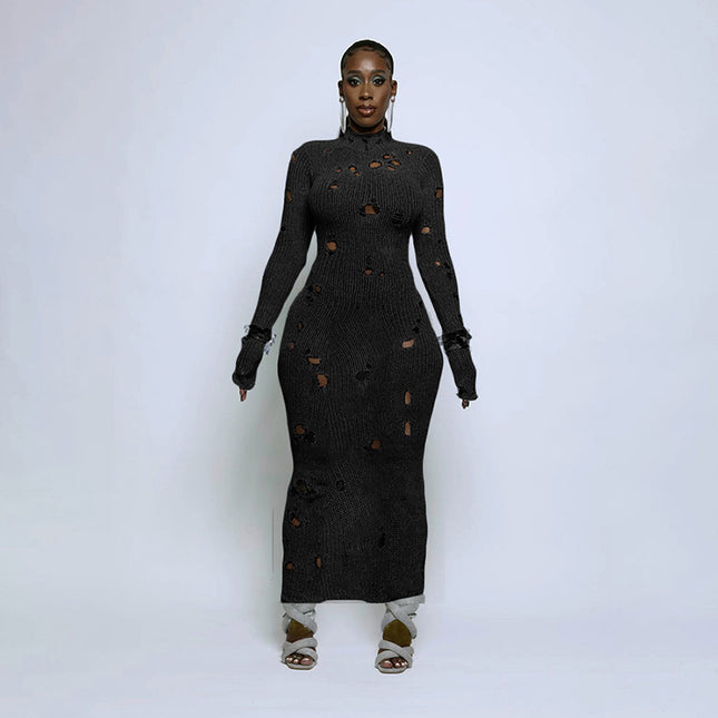Ausgestelltes Strickkleid mit Raffung - Schwarz, hohe Taille
