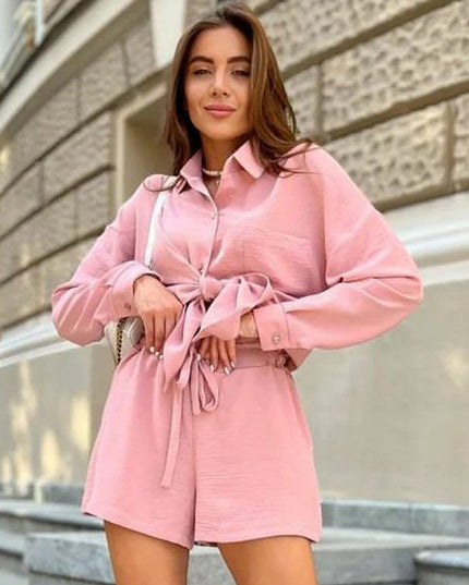 Women's Linen Two-Piece Set - Casual Shirt and Shorts
