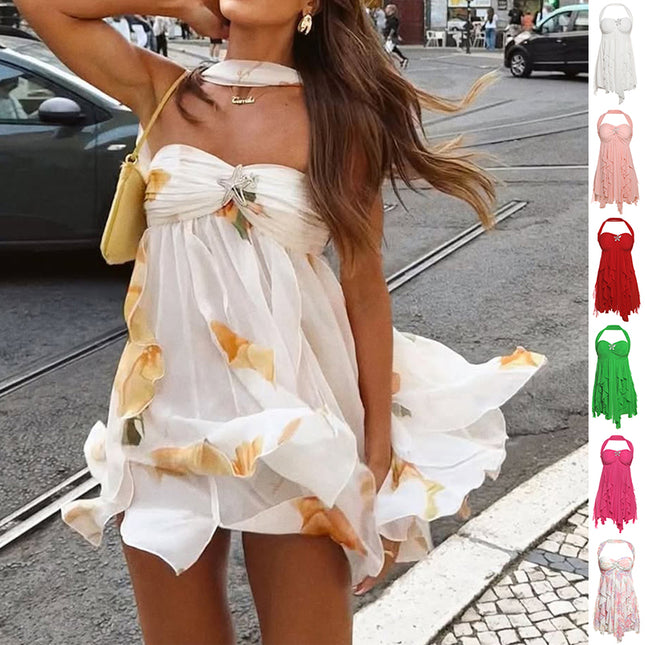 Ins Neckholder Rückenfreies Kleid Sommer Sexy Bedruckte Unregelmäßige Mesh Kurze Kleider Für Abend Party Club Damenbekleidung
