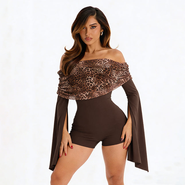Leopardmönstrad plisserad off-shoulder-halsringning panelsydd croppad jumpsuit med utsvängda ärmar