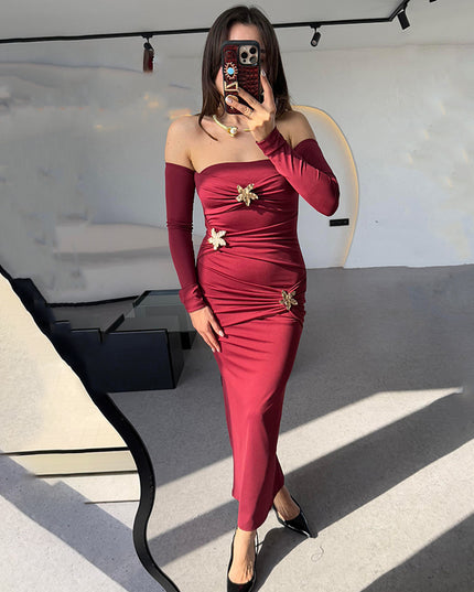 Damen plissiertes Langarmkleid modisches Slim-Kleid