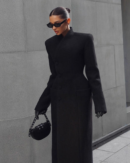 Temperament Shoulder-padded Waist-cinching Long Wool Coat For Women