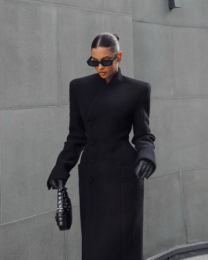 Temperament Shoulder-padded Waist-cinching Long Wool Coat For Women