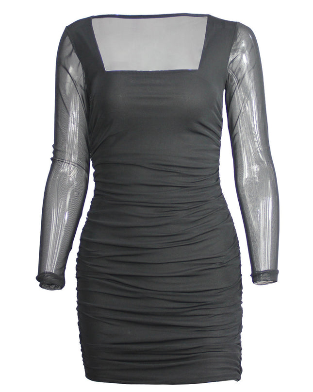 Yamamei Herbst- und Winter-Damenkleid Schwarz Transparentes Netz Langarm Plissiert