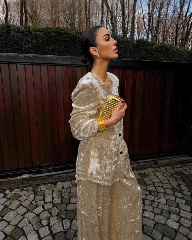 Elegant mode khaki sammet kappa tvådelat set för dam