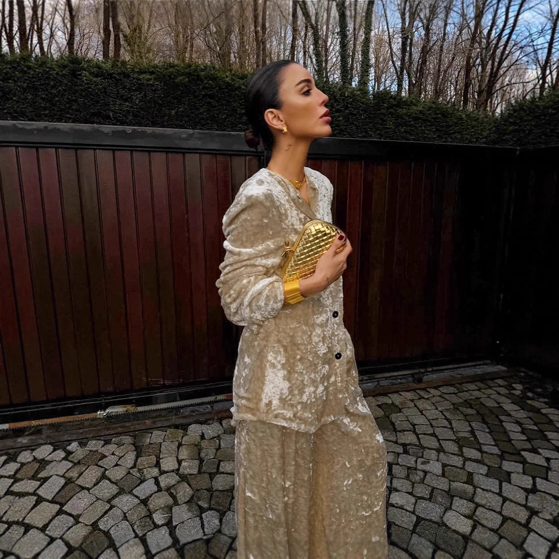 Women's Elegant Fashion Khaki Velvet Coat Two-piece Set