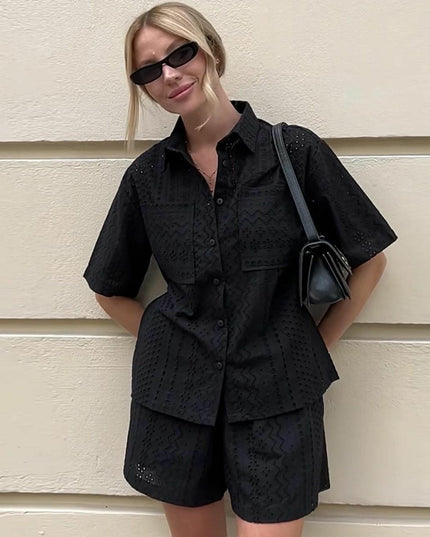 Women's Lace Lapel Shirt - Short Sleeve Fashion