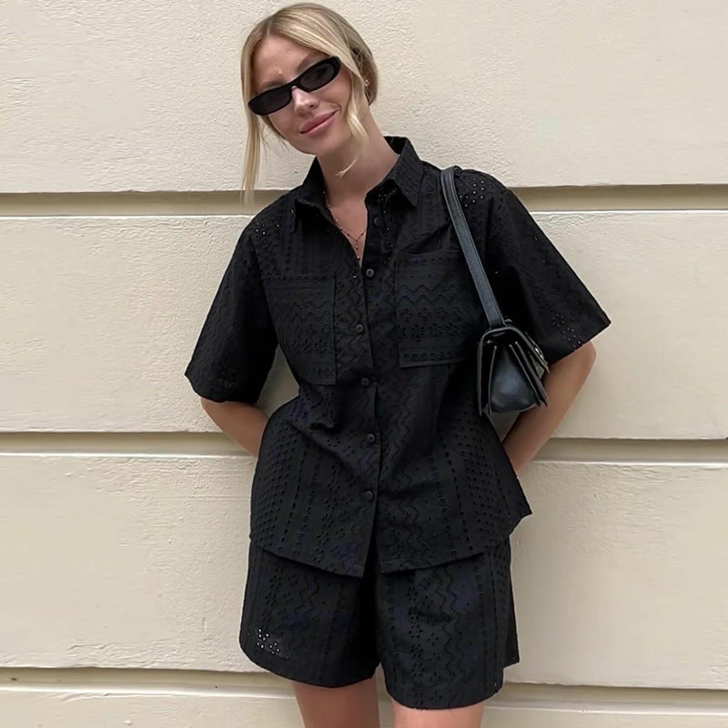 Women's Lace Lapel Shirt - Short Sleeve Fashion