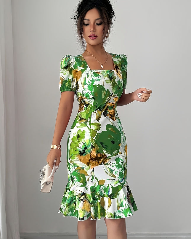 Damen Retro-Kleid mit eckigem Ausschnitt, Puffärmeln, Taillenbetonung und Rüschensaum