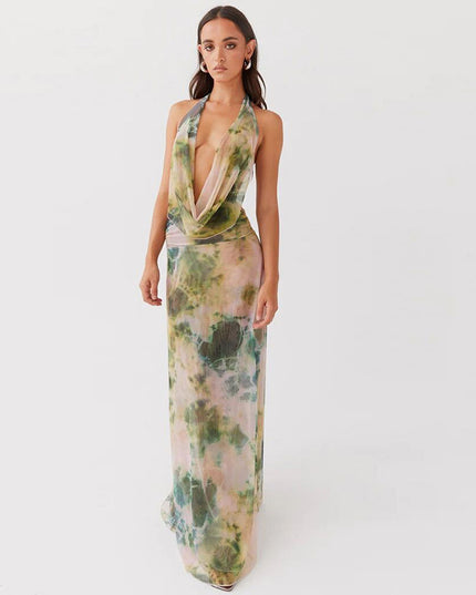 2pcs Tie Dye Printing Deep V-neck Suits Fashion Halter Backless Long Dresses For Beach Party Womens Clothing