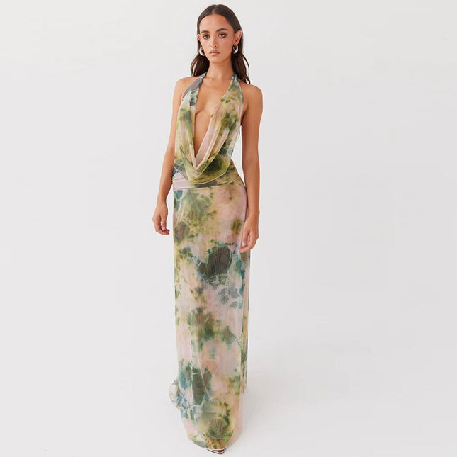 2pcs Tie Dye Printing Deep V-neck Suits Fashion Halter Backless Long Dresses For Beach Party Womens Clothing