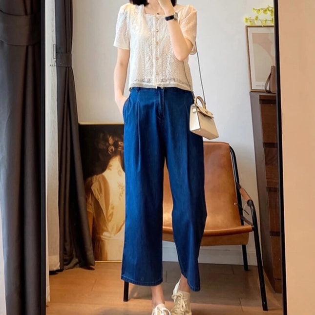 Circyy High Waisted Jeans Women Korean Fashion  Ankle Length Pants Summer 2022 Blue Loose Straight Harem Denim Pants