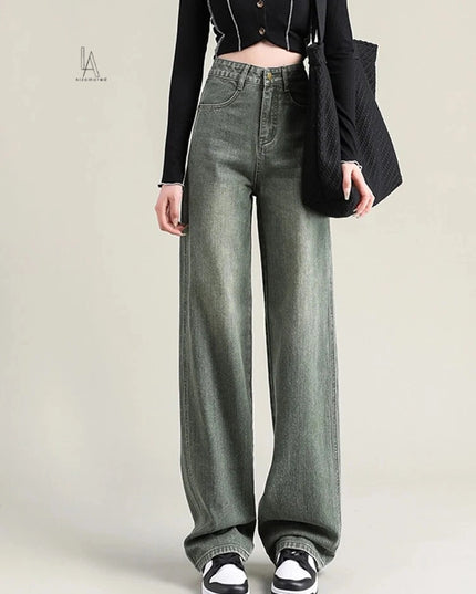 Korean Fashion High Waisted Denim Pants for Women - Coffee Wide Leg Trousers for a Chic Office Look