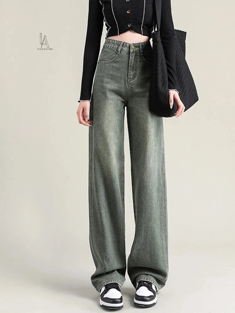 Korean Fashion High Waisted Denim Pants for Women - Coffee Wide Leg Trousers for a Chic Office Look