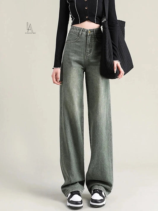 Korean Fashion High Waisted Denim Pants for Women - Coffee Wide Leg Trousers for a Chic Office Look